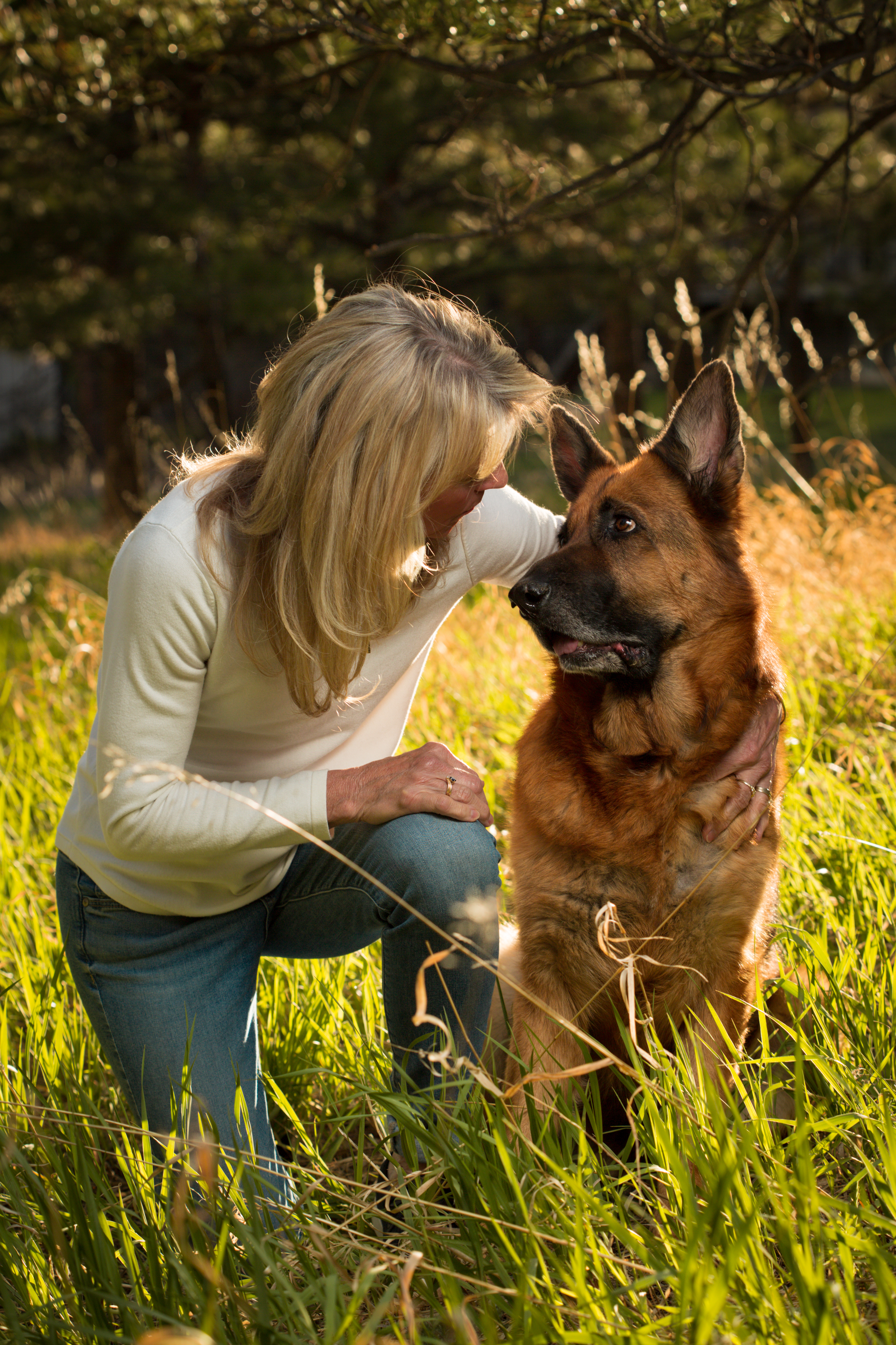 Julie and her dog Maco looking at eachother